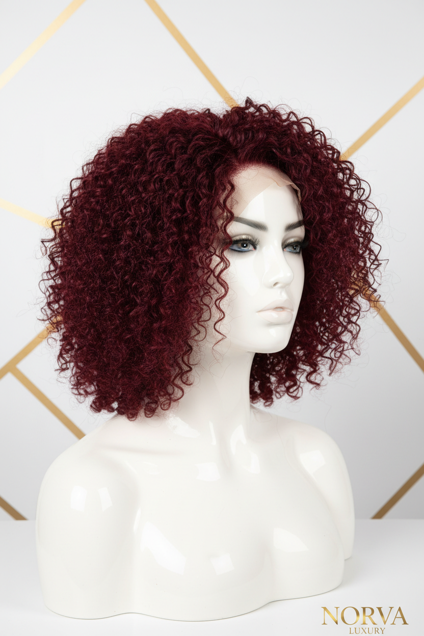 HD Kinky Curly Bob 35.56cm Burgundy - Three Quarter