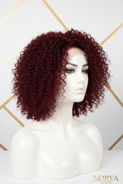 HD Kinky Curly Bob 35.56cm Burgundy - Three Quarter